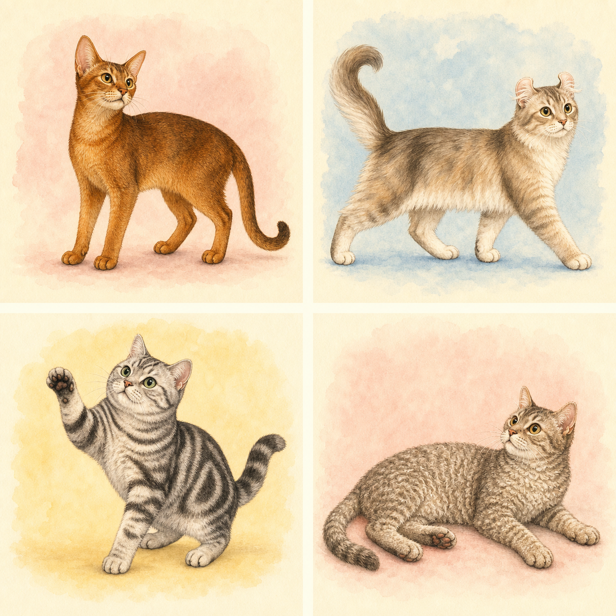 卡通手绘风的红褐色阿比西尼亚猫，耳大而轮廓修长