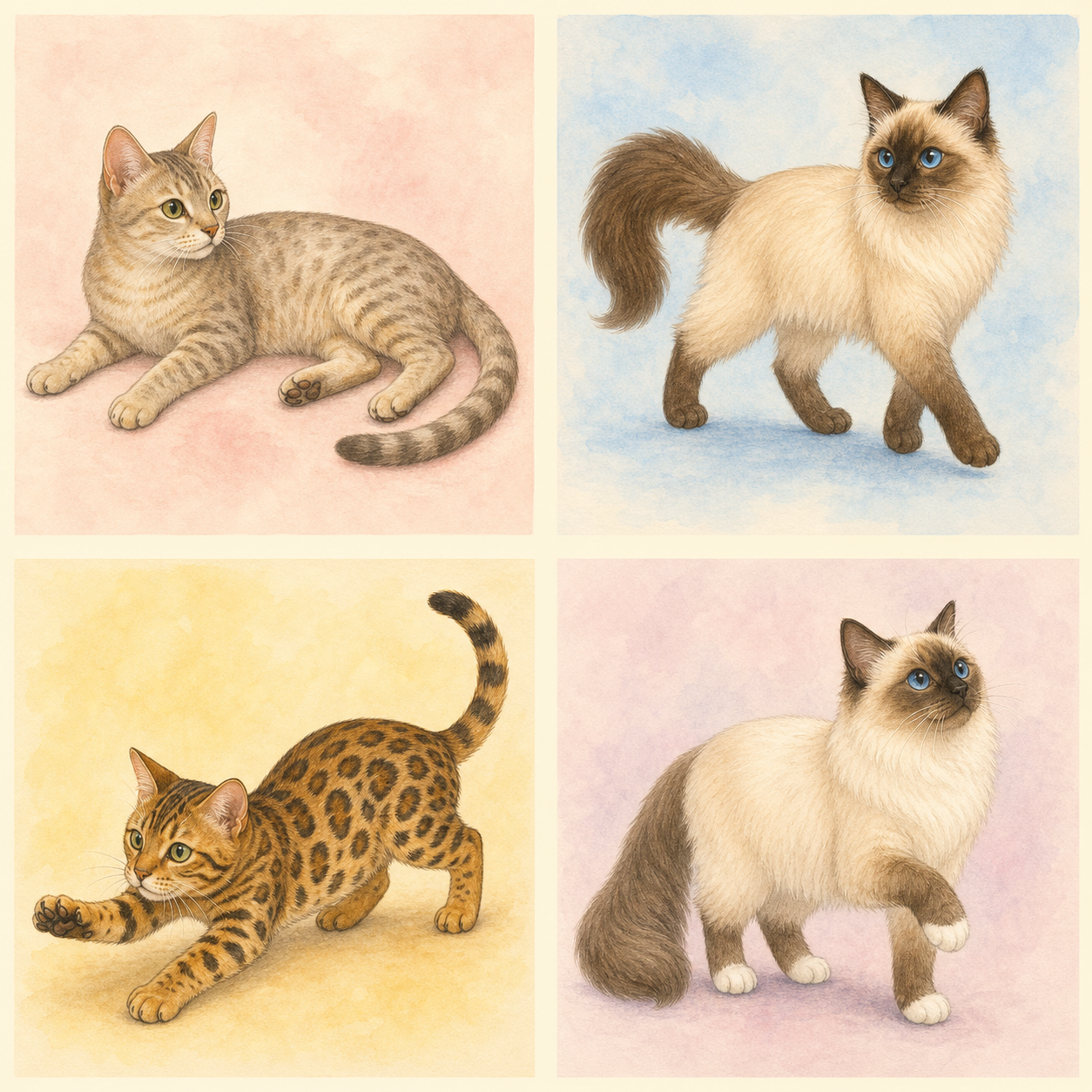 卡通手绘风的澳大利亚雾猫，暖色被毛带朦胧斑点