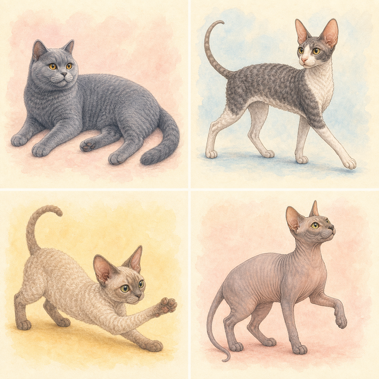 卡通手绘风的沙特尔猫，蓝灰厚毛与铜色眼睛