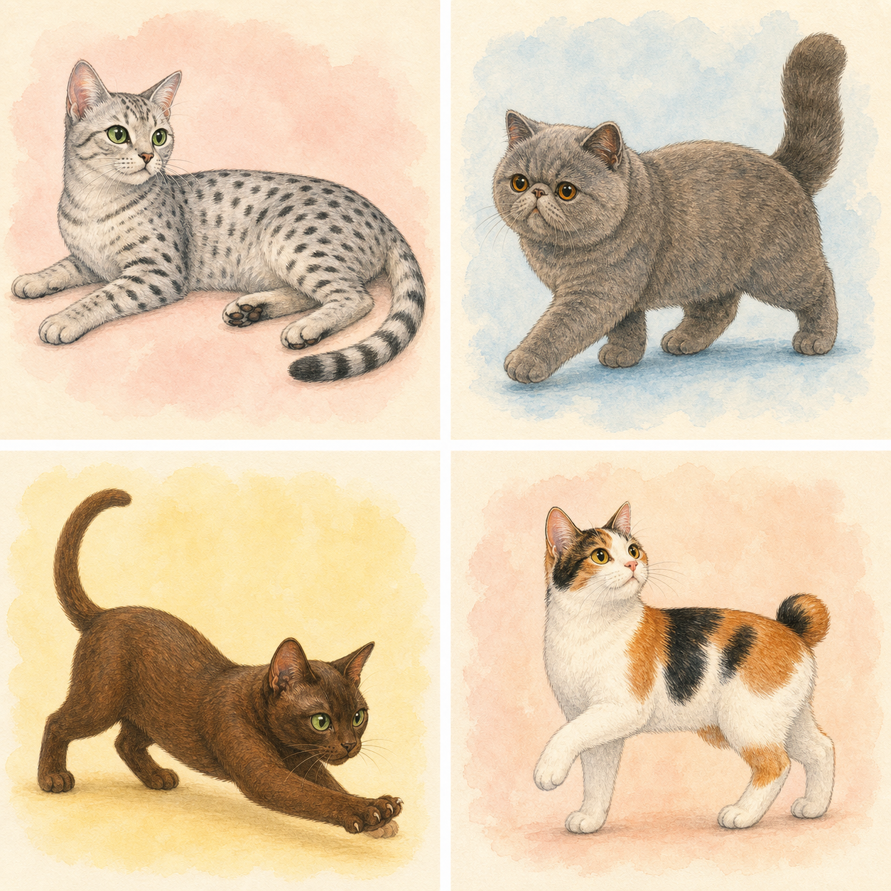 卡通手绘风的三花日本短尾猫，尾巴像绒球