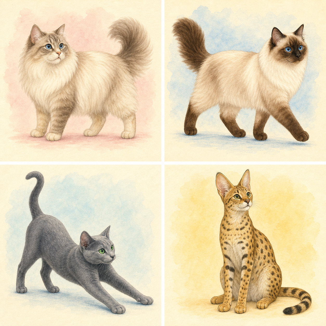 卡通手绘风的俄罗斯蓝猫，银蓝短毛和翠绿色眼睛