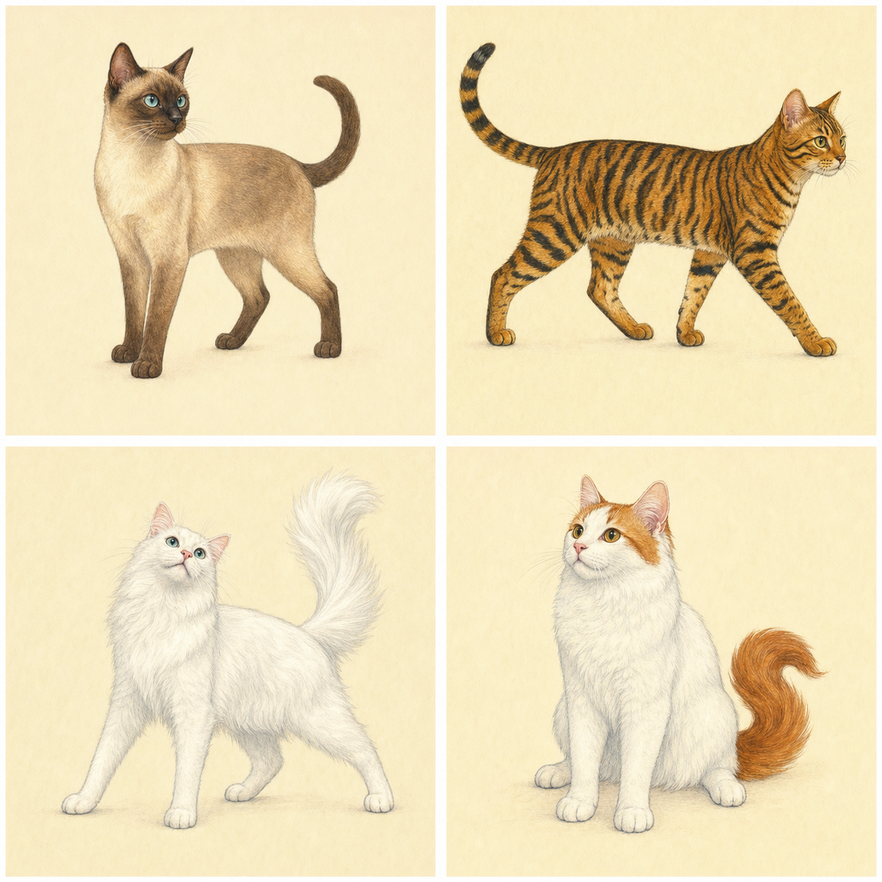 卡通手绘风的白色土耳其安哥拉猫，纤细体态与羽状尾